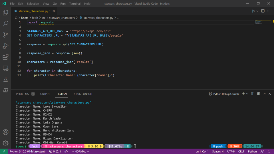 Starwars Project VSCode Screenshot